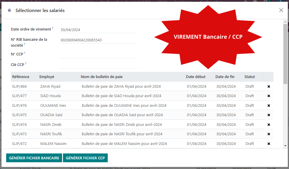 Génération du Fichier de Virement Bancaire paie Algérie Odoo